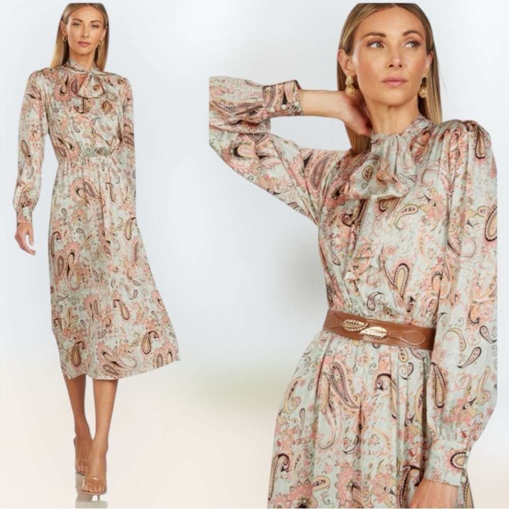 Paisley Tie-Neck Midi Dress in Pastel Multi